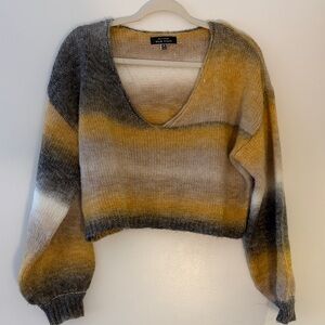 Blue Blush Striped V-Neck Sweater in Mustard, Gray & Cream